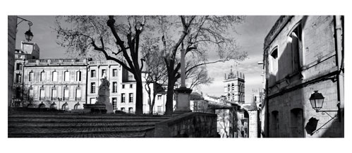 Le vieux Montpellier. Photographie noir et blanc. Place de la Canourgue - Carte Postale panoramique 10x23. Photographe Marianne Raous